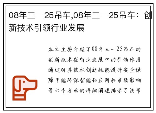 08年三一25吊车,08年三一25吊车：创新技术引领行业发展