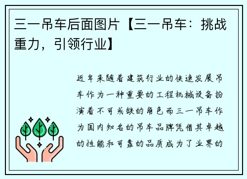 三一吊车后面图片【三一吊车：挑战重力，引领行业】